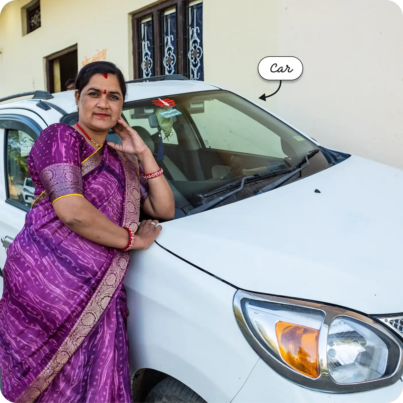 A woman leaning on the hood of a parked car outdoors. A label points to the vehicle as a "Car".