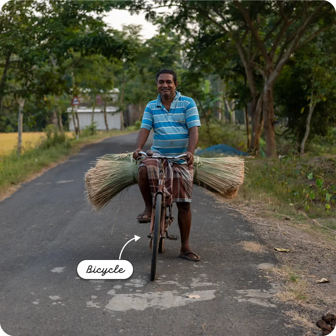 An outdoor photograph shows an Indian man smiling, riding a bicycle on a paved road. He wears a striped t-shirt and a checked lungi. Large bundles of what looks like straw or grass are balanced on both the front and back of the bicycle. The background is a tree-lined road. A label and arrow point to the vehicle as a "Bicycle".