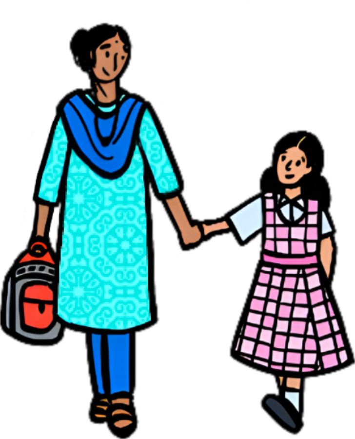 A mother holding her daughter's hand and carrying a school backpack, walking together.