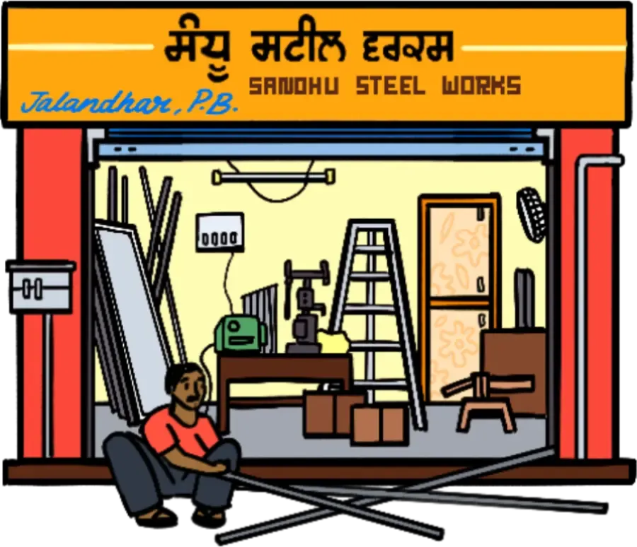 A small single-storey house with a front door, windows, and a water tank on the side.