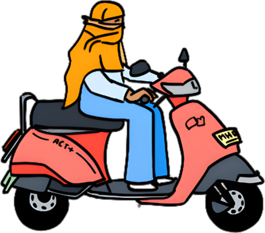 A woman with her face covered by a dupatta riding a scooter.