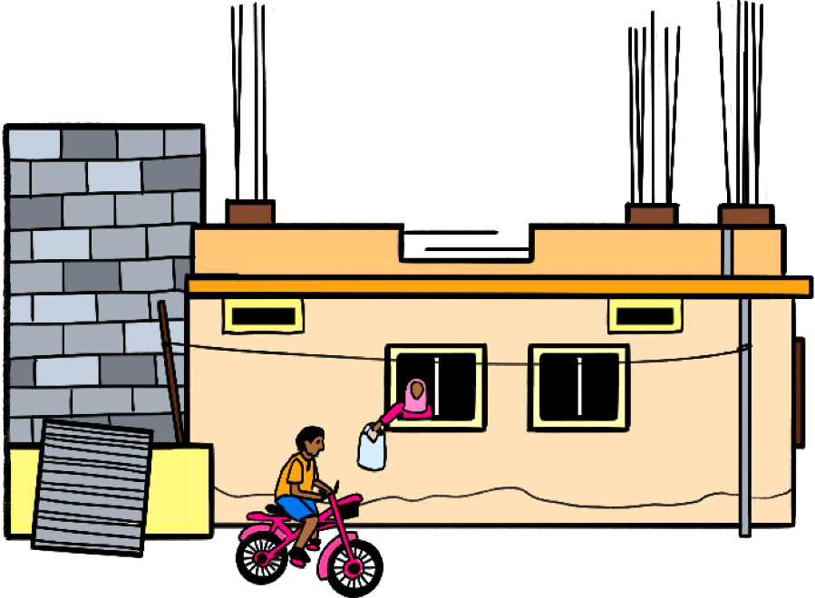 A house under construction with exposed rebar pillars on the roof, building materials stacked outside, a woman handing a bag through a window, and a child riding a bicycle past the front.