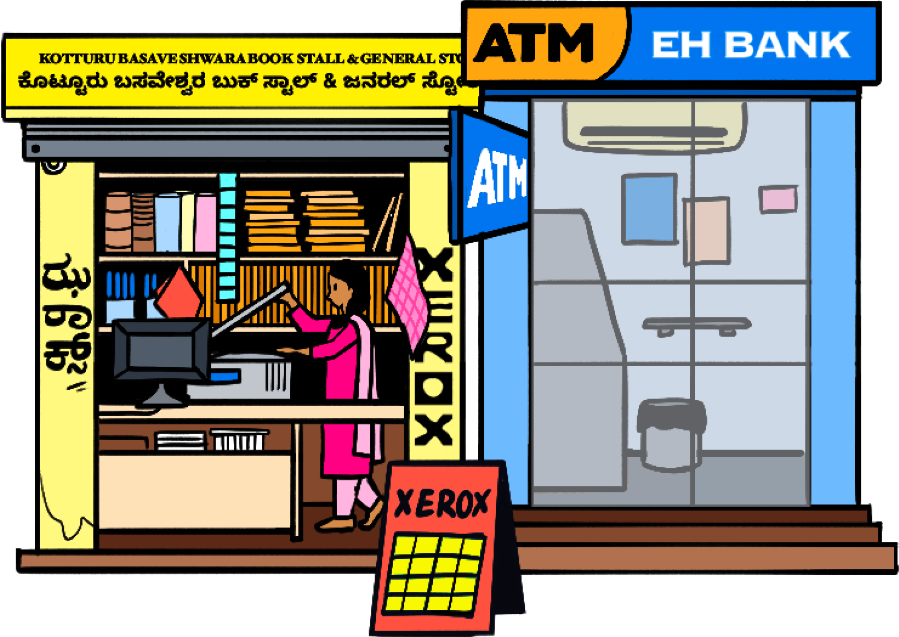 A book stall and general store with a woman working at a computer inside, a Xerox sign board out front, next to a bank ATM booth.